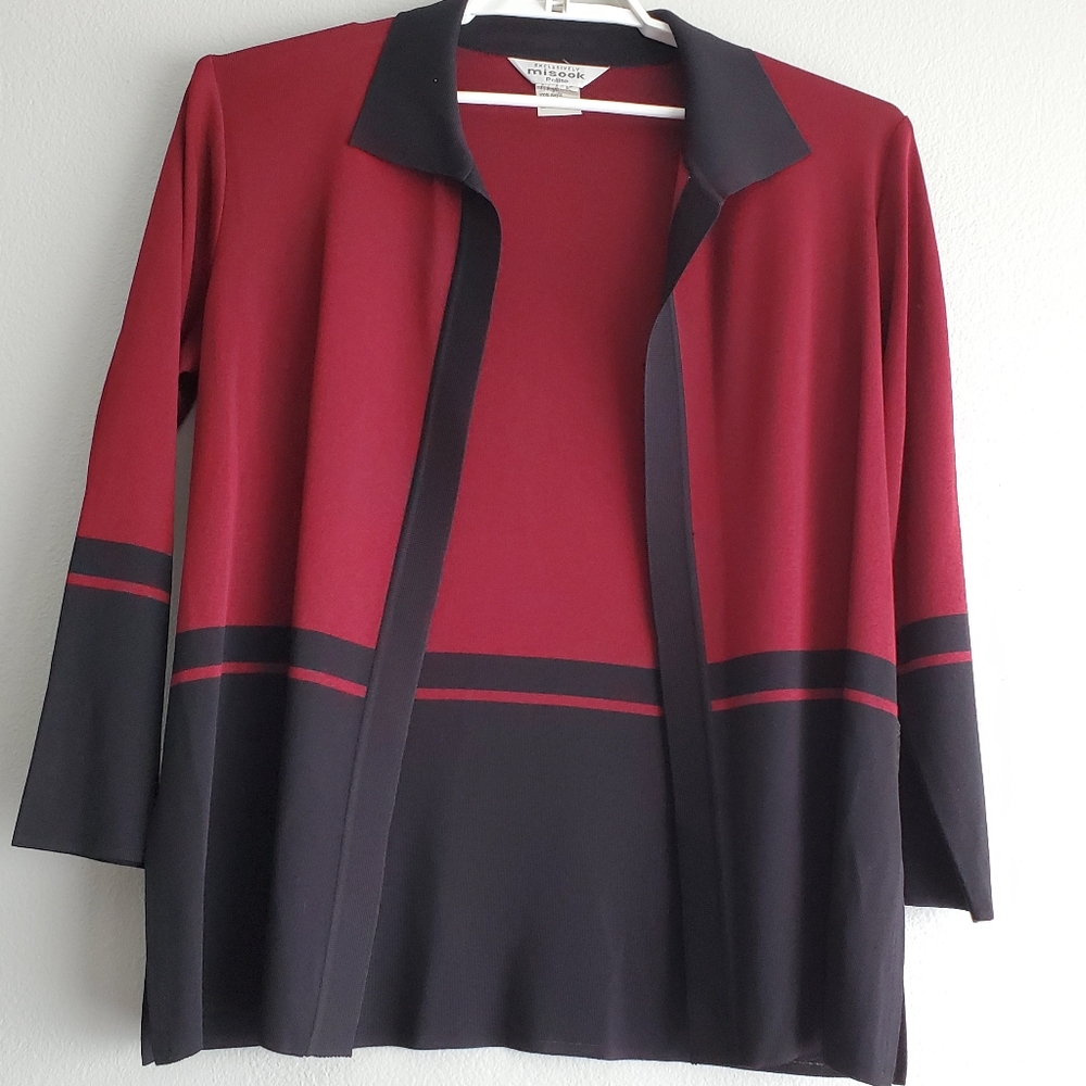 Misook Red Black Knit Open Cardigan Sweater Jacket